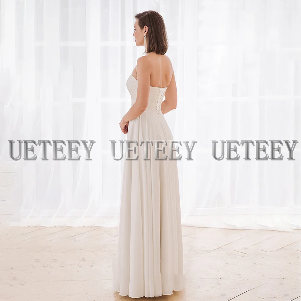 Ueteey-女性用ストラップレスドレス,ラインA,ノースリーブ,サイドスリット付き,レース付きバック,カスタムメイドのウェディングドレス2022