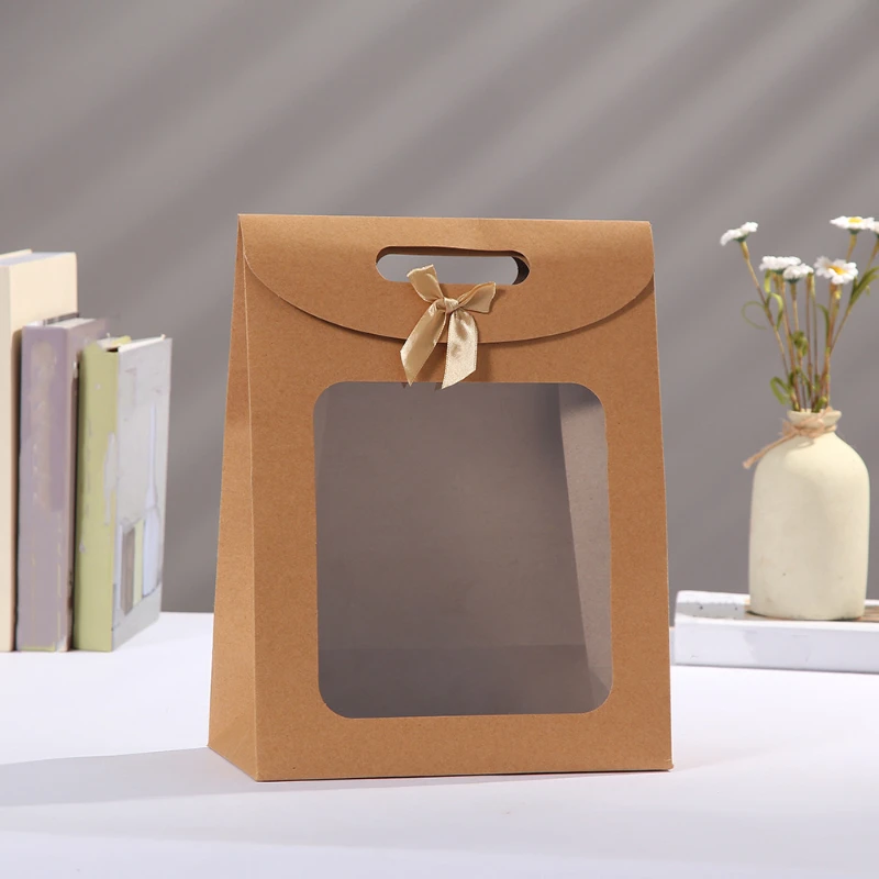 Kraft paper bag window translucent portable gift bag bow lace-up packaging multi-specification square bottom bag