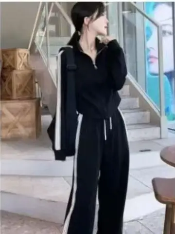 

Спортивный костюм для похудения для женщин больших размеров: стильный повседневный комплект из толстовки с воротником-стойкой и брюк, удобный и модный.