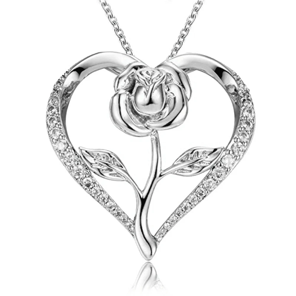 Popular Heart Rose Pendant Necklace for Women Adjustable Rhinestone Shiny Lovely Geometric Choker Necklace Jewelry Accessories