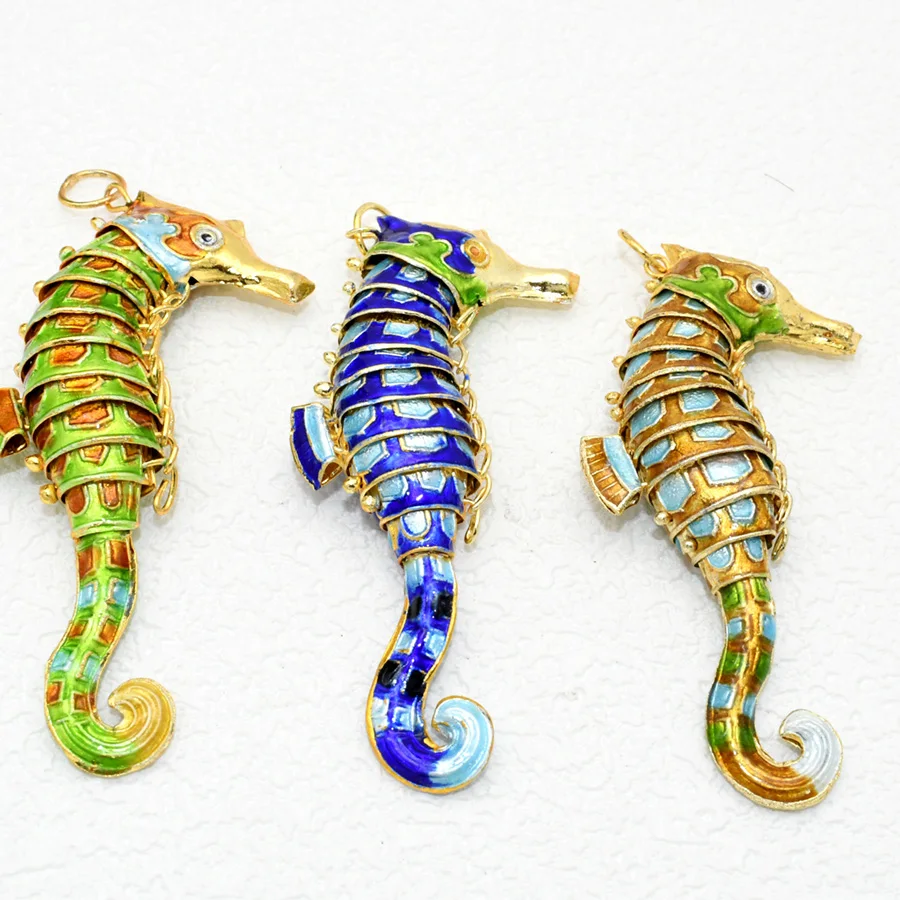 10cm Big Blue Yellow Green Chinese Traditional Cloisonne Enamel Movable Joint Seahorse Hippocampus Pendants