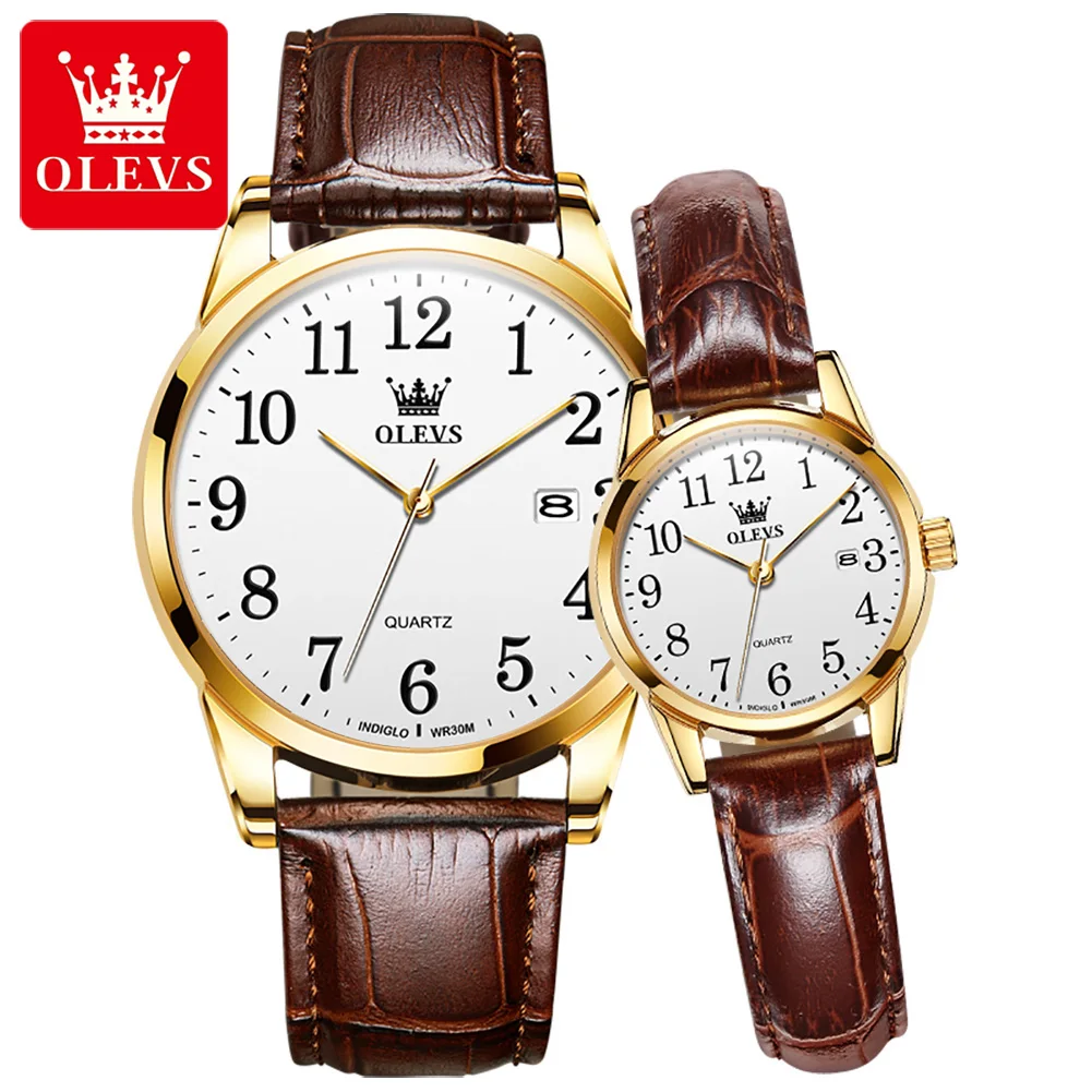 OLEVS-Montre-bracelet de luxe en cuir pour hommes et femmes, marque supérieure, date, quartz, amoureux, couple, mode