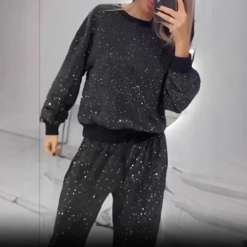 

Women Bright Diamond Stars Shiny Lace-up Pant Sets Elegant O Neck Top Pullover 2 Pieces Sets Autumn Sports Suits Vintage 2025