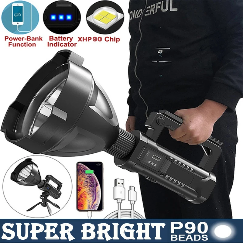 P90 Portable Powerful Led Flashlight Mountable Bracket Handheld Searchlight Usb Rechargeable Spotlight Waterproof Torch Light