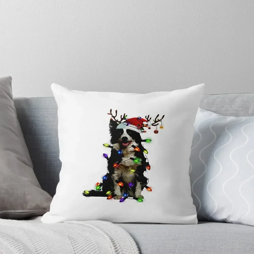 Border Collie Reindeer Christmas Lights Funny Dog Xmas Gift Throw Pillow luxury home accessories pillow