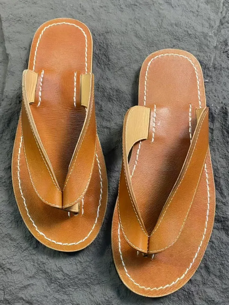 Leisure Wearing Outside Horsehide Breathable Solid Color Flip Flops Comfortable Handmade Genuine Leather Fashion Men Slippers