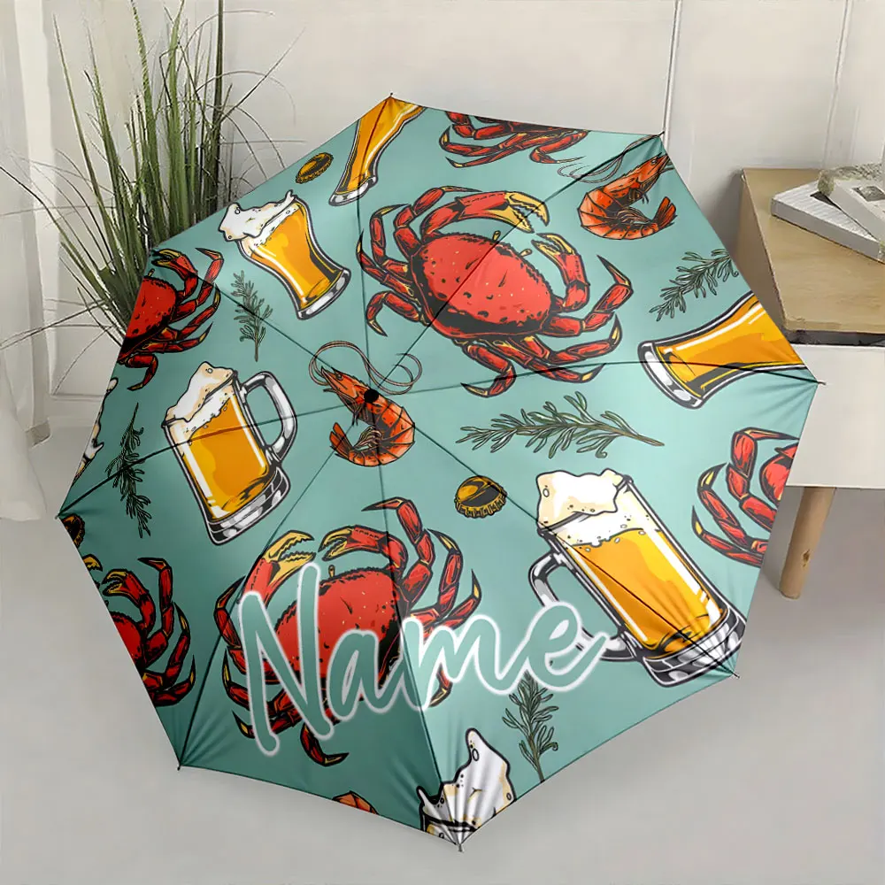 Custom Name Umbrella Seafood and Beer Delight Umbrella Design Print 8 Iron Ribs Folding Umbrella Auto-Open Fashion Sunshade