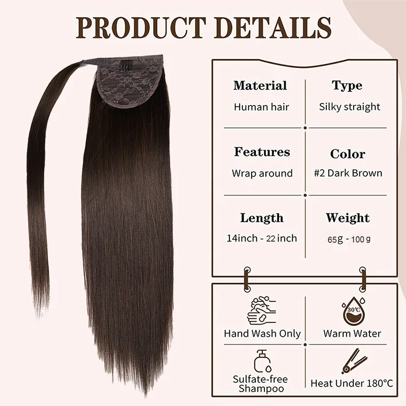 Extensão para mulheres, extensões reais do rabo de cavalo do cabelo humano do Virgin, envoltório ao redor, grampo reto natural, rabos de cavalo