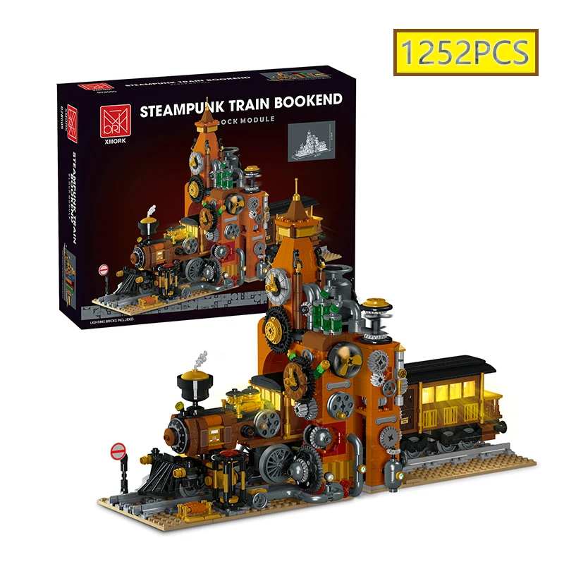 

1252PCS MOC European Style Steampunk Train Bookshelf Building Blocks City Street Scene LED Model Bricks Children's Toys Gift