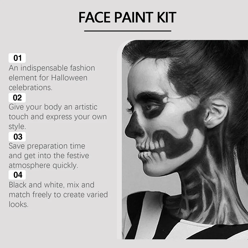 Kit de pintura corporal para rostro de Halloween, juego de maquillaje de larga duración en blanco y negro con pinceles para fiestas festivas, disfraces y eventos de carnaval
