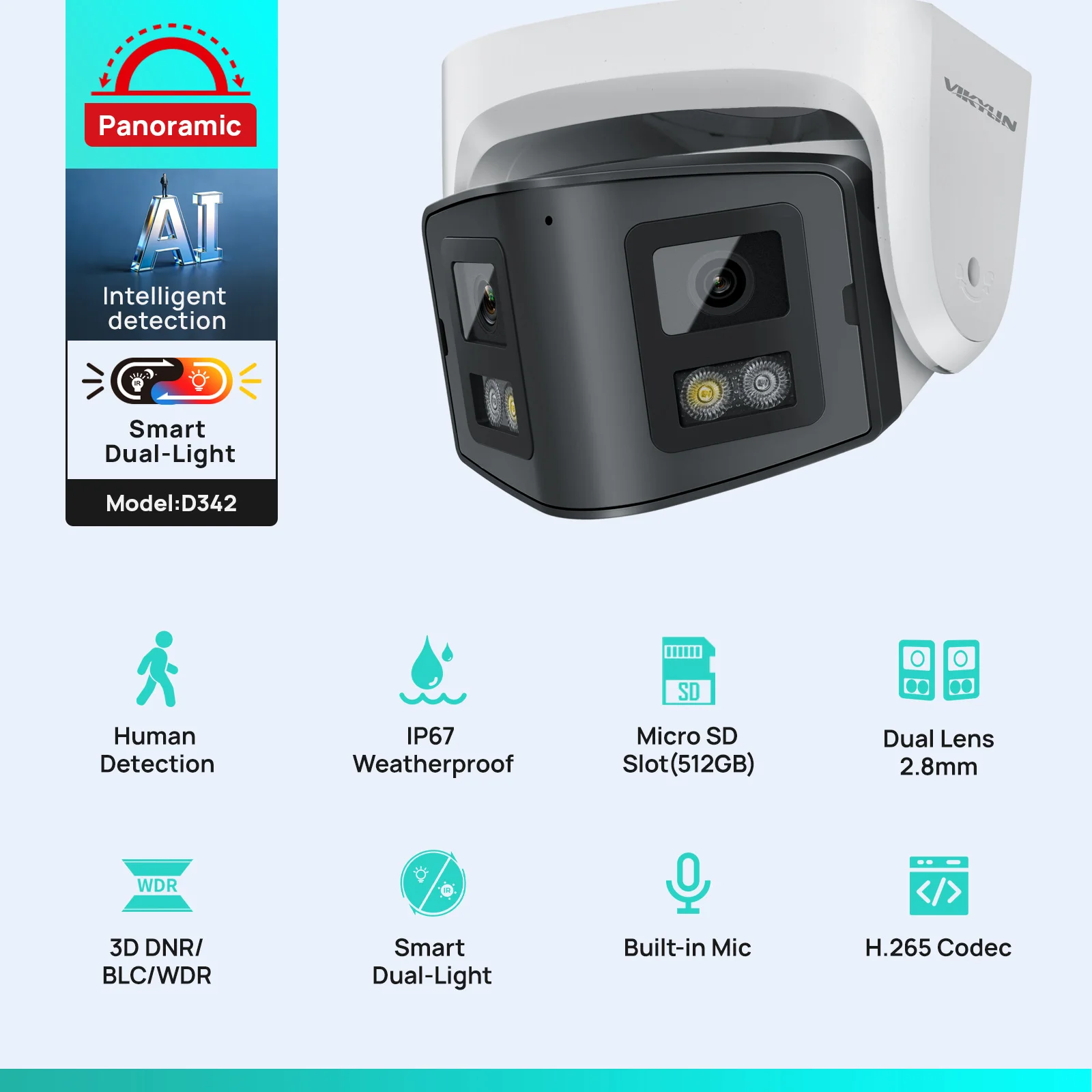 Vikylin 4MP Panoramic Dual Lens Smart Dual Light IP Camera Two-way Talk CCTV POE Security Camera Onvif IP66 Video Surveillance