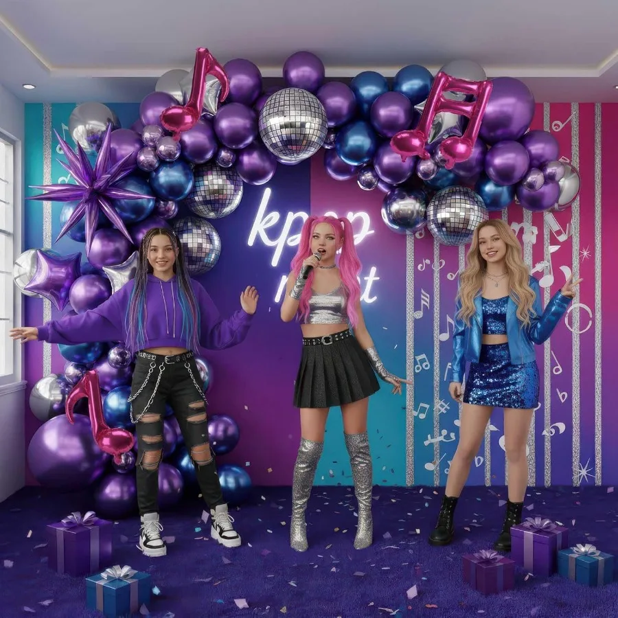 Kit de Guirnalda de Globos Disco Music Hunter de 151 Piezas, Globos de Látex Metálicos en Magenta, Plata, Oro, Verde, Morado y Azul, Globos de Aluminio con Forma de Bola de Discoteca, Guitarra, Nota Musical, Estrella y Espiga, Decoración para Fiestas de Cumpleaños, Karaoke, Rock Retro de los 70, Hip Hop, Accesorios para Fotomatón