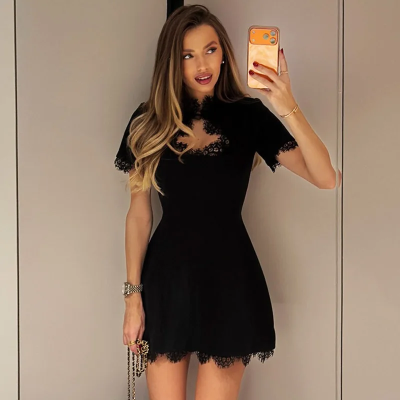 Elegant Black Lace Evening Dress for Women - High-Waisted