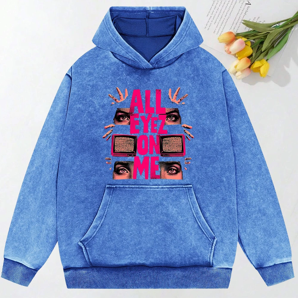 All Eyez On Me Felpe con cappuccio lavate stampate Donna Autunno Felpa con cappuccio in cotone Tasca Allentata Abbigliamento donna Felpa con cappuccio casual All-Match Cappotto morbido di base