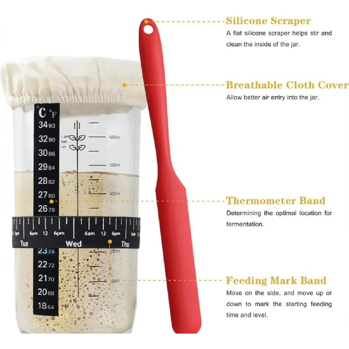 

1pc Sour Dough Starter Container Sourdough Starter 24 Oz Jar with Date Marked Feeding Band Thermometer Silicone Scraper
