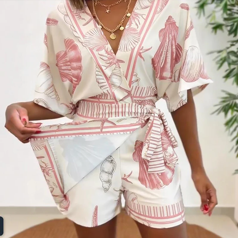

Vacation V Neck Lace Up Waist Shorts Playsuit Fashion Summer Bohemian Women's Jumpsuits New Pattern Printed Loose Beach Romper