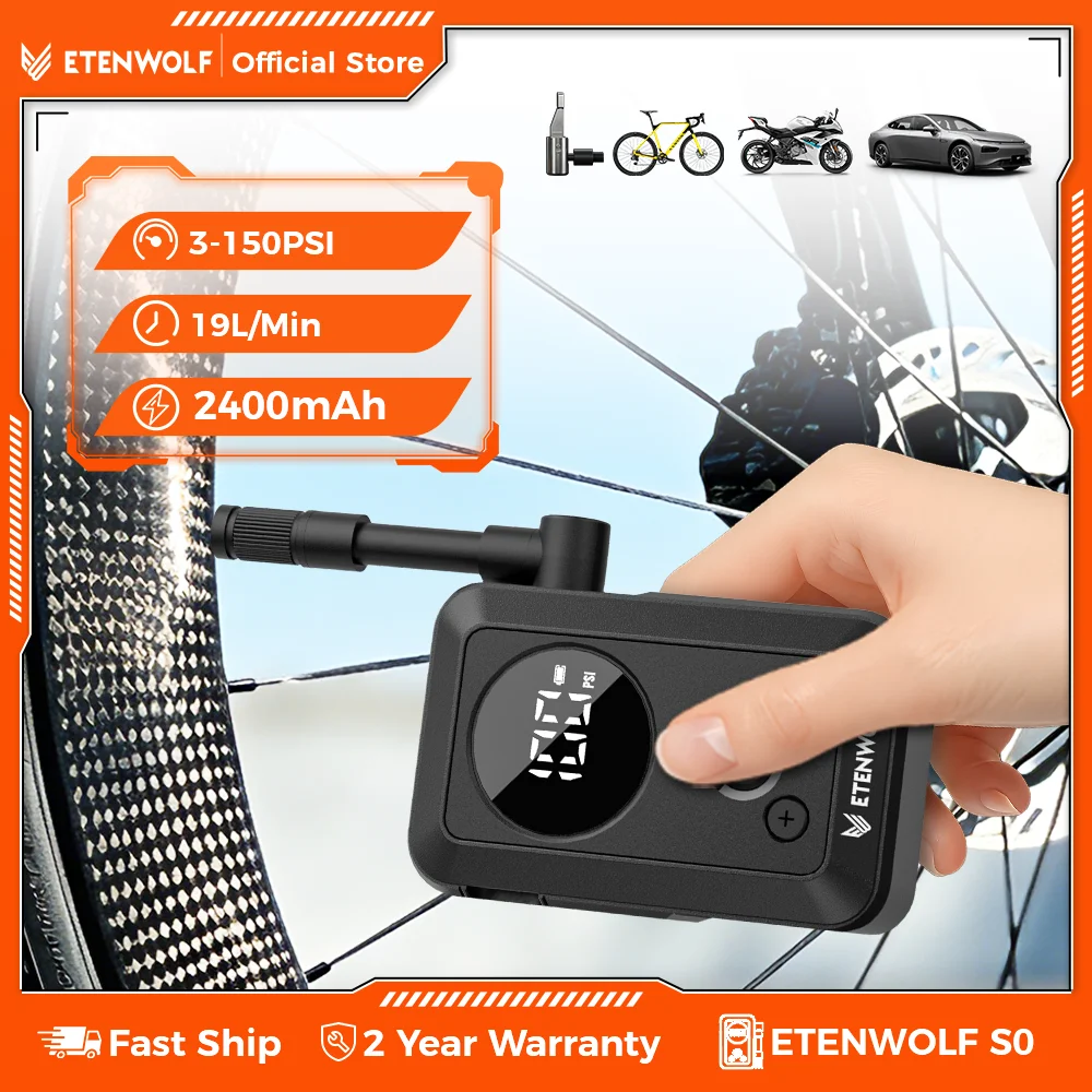 New ETENWOLF S0 Digital Display & Rapid Inflation, 150PSI Cordless Air Pump with 2400mAh Battery for Bikes, Car Tires, Balls