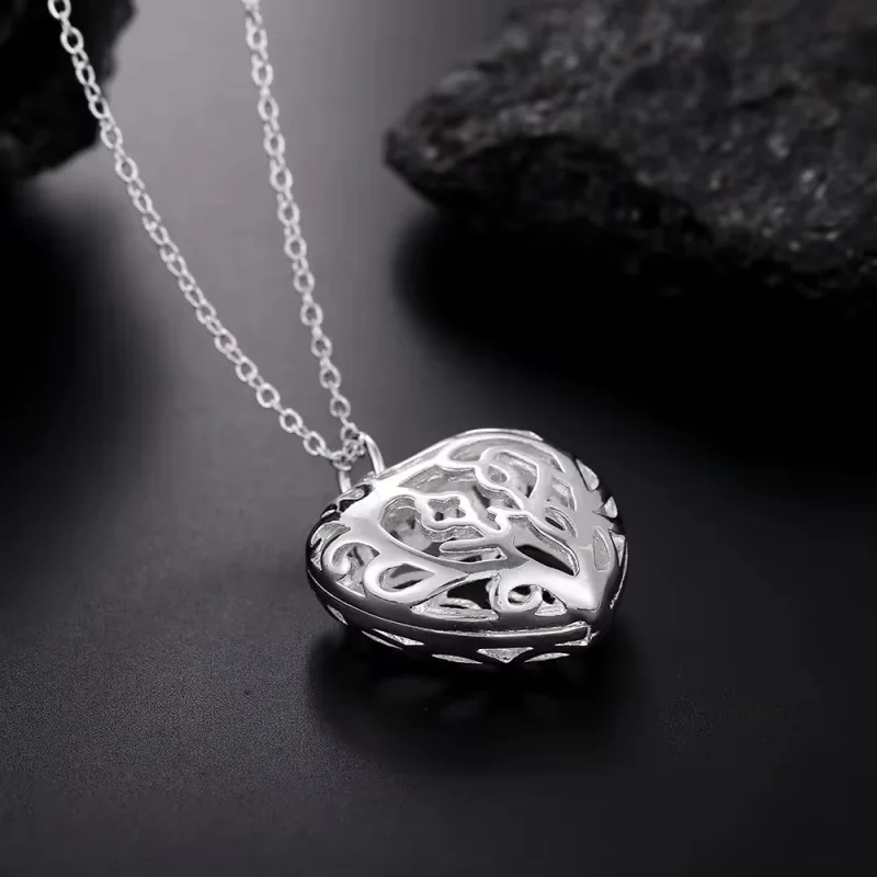 925 Sterling Silver Necklace For Women Fine Heart Pendant Hollow Chain Christmas Gifts Fashion Party Jewelry