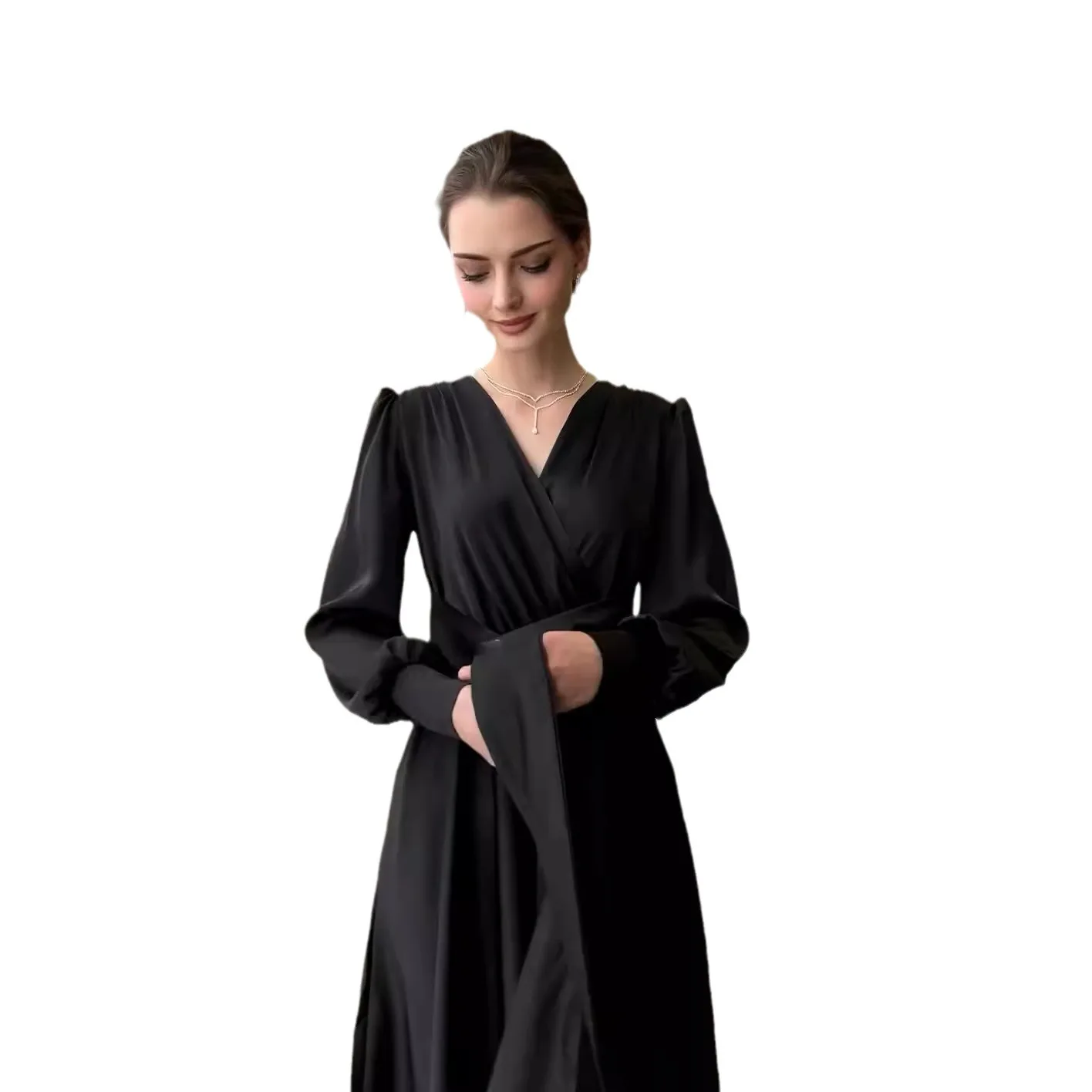 Long Sleeve Solid V Neck Party Dress Women Pullover Ankle Length Dress Basics Vestidos Loose Fit Shirring Sashes 2024 Summer