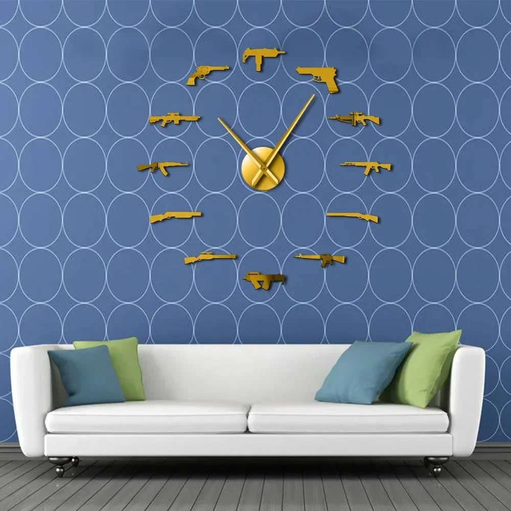 3D Pro Weapons Wall Decor Tactical Army Rifle Ammo Variety Weapons DIY Wall Sticker Large Wall Clock Silent Room Decor Watch