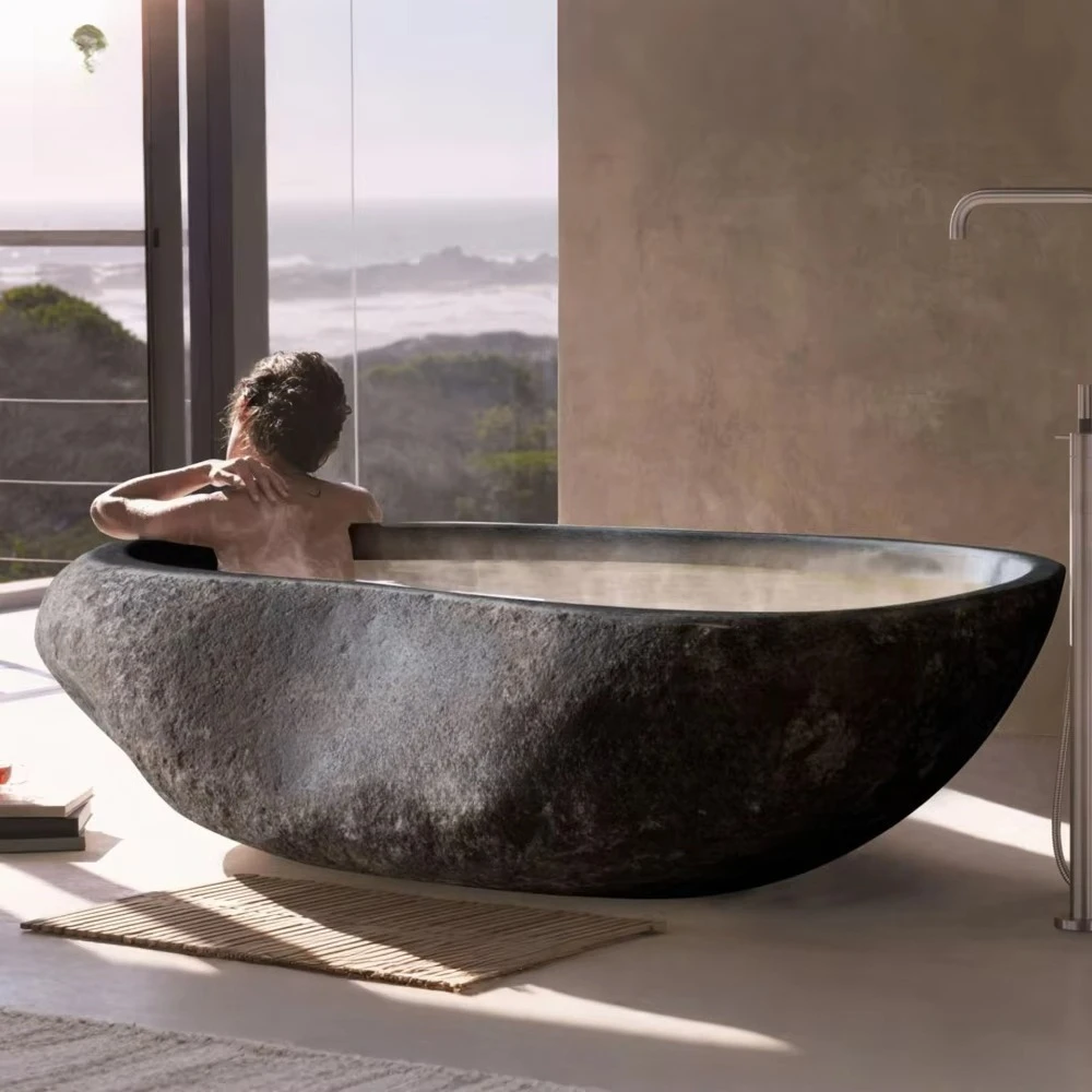 Basalt River Stone Bathtub for Hotel Bathroom Black Granite Bathtub