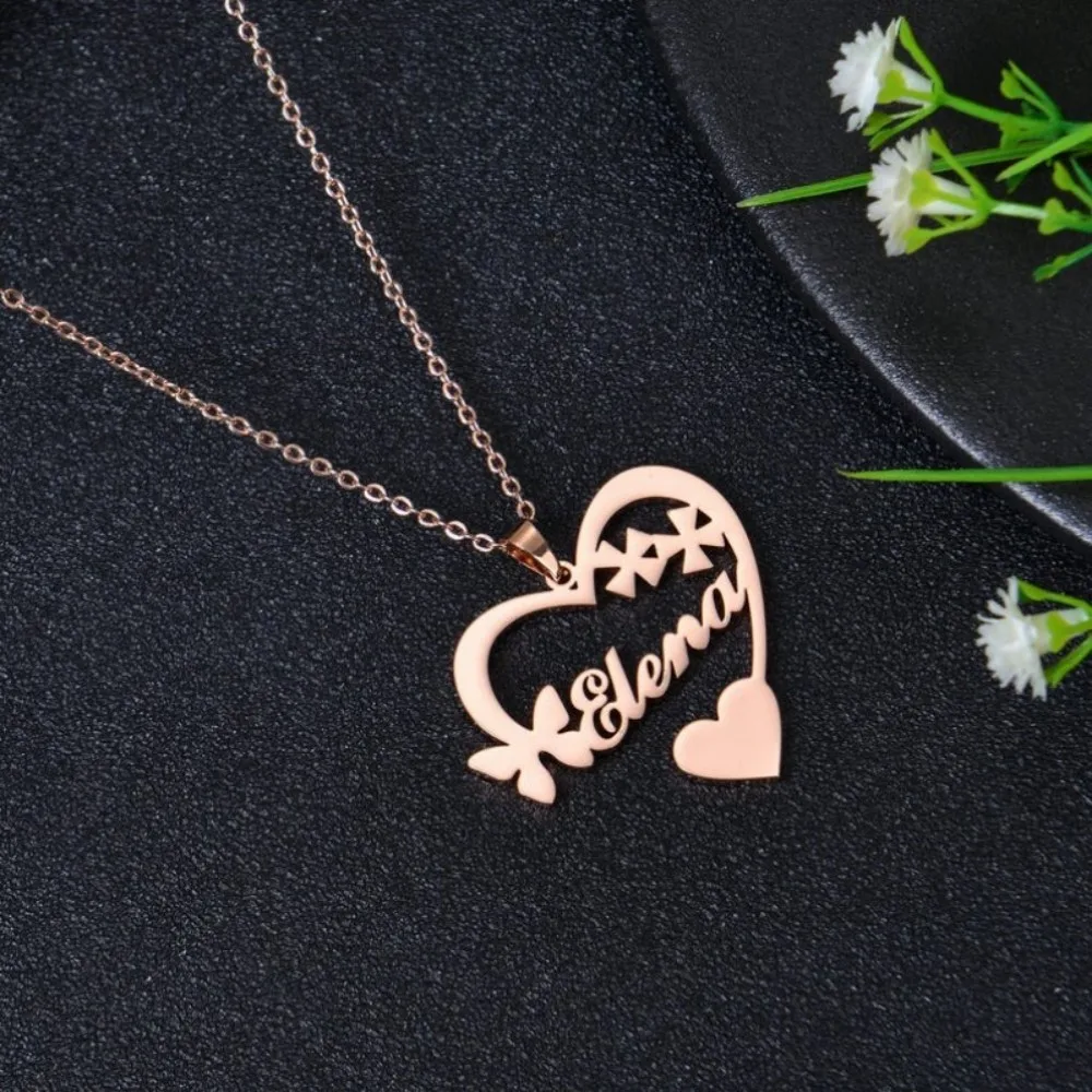 Customized Heart Name Necklace Personalized Bow & Star Design Pendant in Gold Silver & Rose Gold Elegant Heart Pednant Jewelry