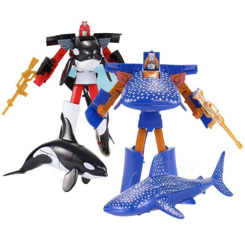 Figurine robot DolDave Transformation requin et baleine pour enfants, figurine d'action, animaux de dessin animé, collection dos, jouets en plastique, vie marine, 16cm