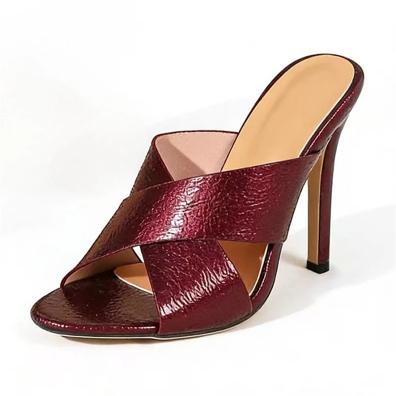 

Сексуальные женские шлепанцы на очень высоком каблуке с открытым носком, женские шлепанцы размера плюс 42, повседневные модные женские сандалии из лакированной кожи с перекрестной завязкой