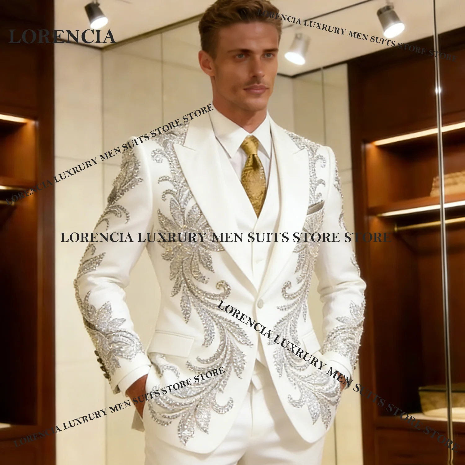 

Customized Wedding Slim Stunning Beaded Crystals Formal Tuxedos Men Suit 3 Pieces Sets Groom Fit Male Prom Blazers Costume Homme