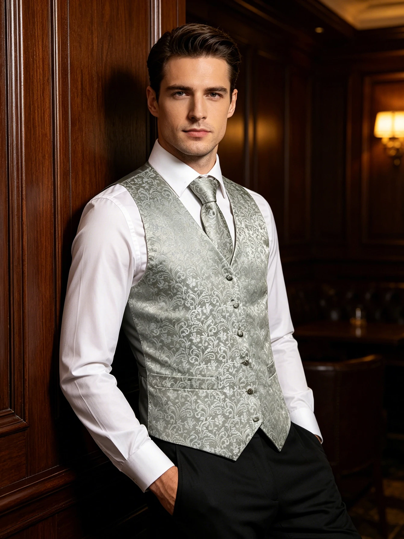 Light Gray Paisley Jacquard V-Neck Vest 4Pcs Set Tie Pocket Square Cufflinks For Bridal Shower Spring Gentleman Banquet