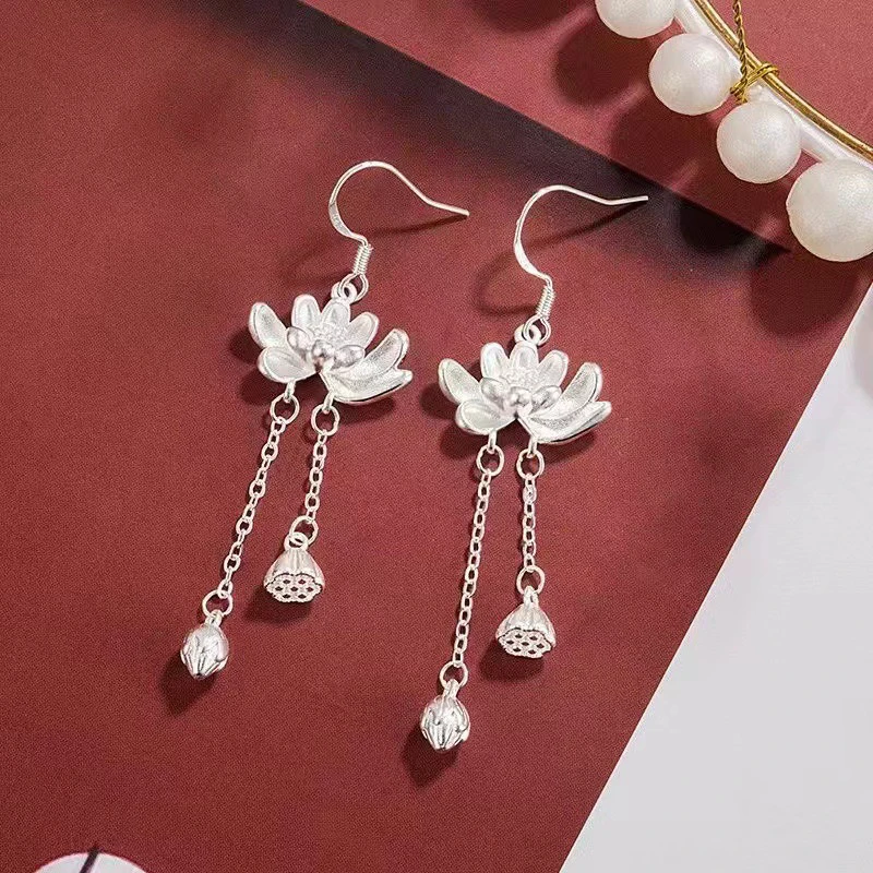 Exquisite 1Pair Long Tassel Dangle Earrings; Featuring Majestic Chinese Lotus Flower for Women & Girls