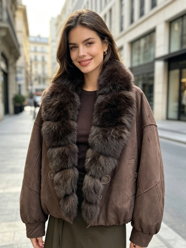 Winter fashion retro women‘s down jacket thick and warm with genuine fox fur collar and suede fabric casual windproof daily coat