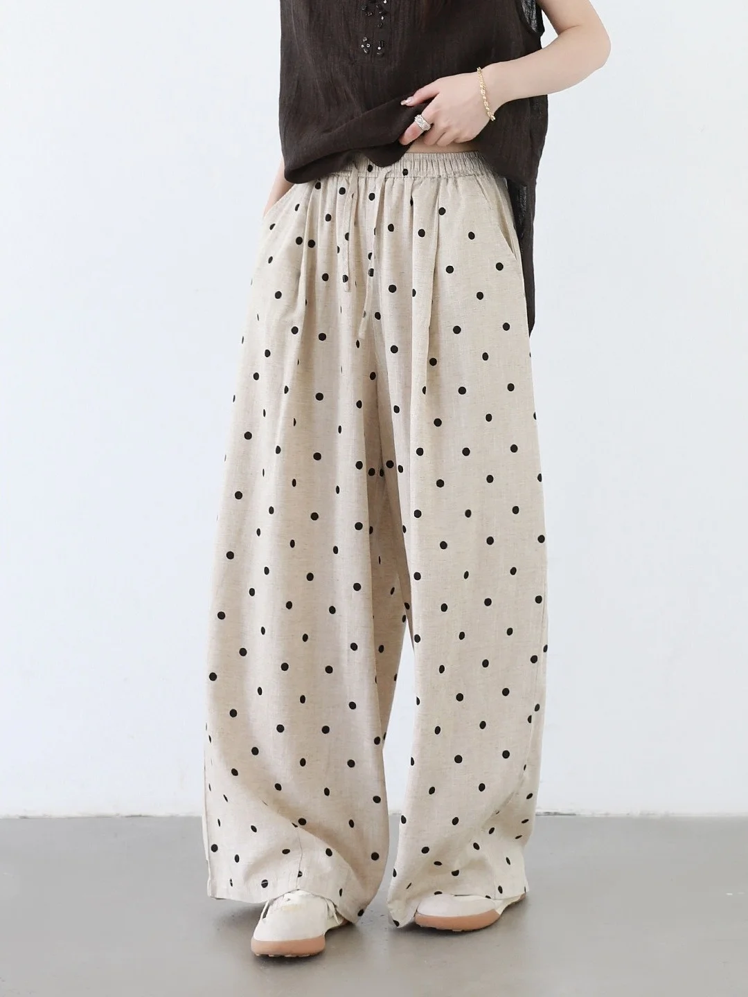 

Vintage Polka Dot Wide Leg Pants Linen Casual Long Trousers Summer 2026 New Arrival Women's Clothing Straight Cut Natural Waist