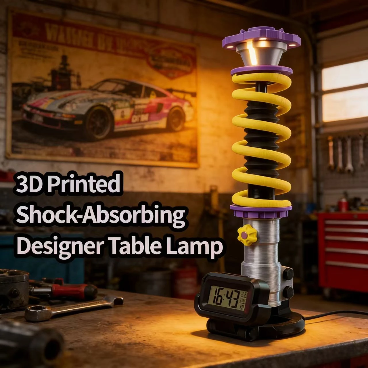 

Premium 3D Printed Shock Absorber Desk Lamp, Adjustable Light for Home Office & Car Interior Decor