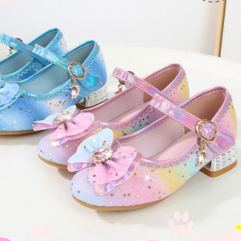 

Kids'Casual Shoes Girls PU Leather Spring Crystal Bow Fashion Sport Outdoor High Heels Breathable Anti-slip Blue Pink Size 23-36