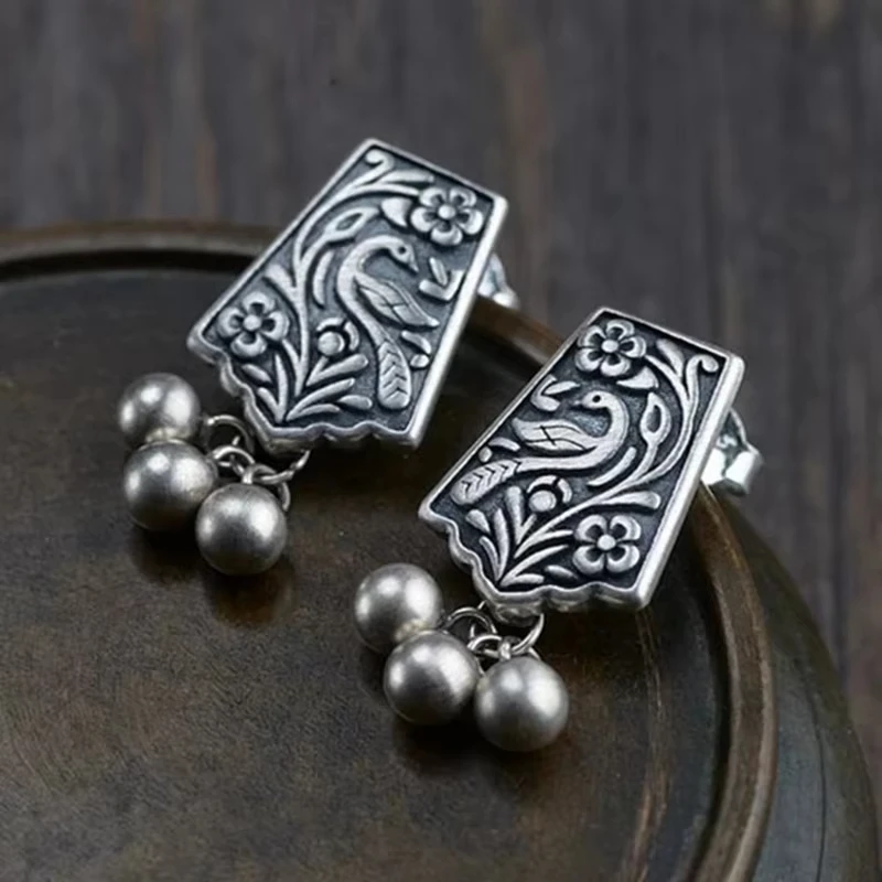 

Jianjie Light Luxury Classic Carved Phoenix Pendant Earrings Women's Retro Old Silver Beading Ear Stud Accessories