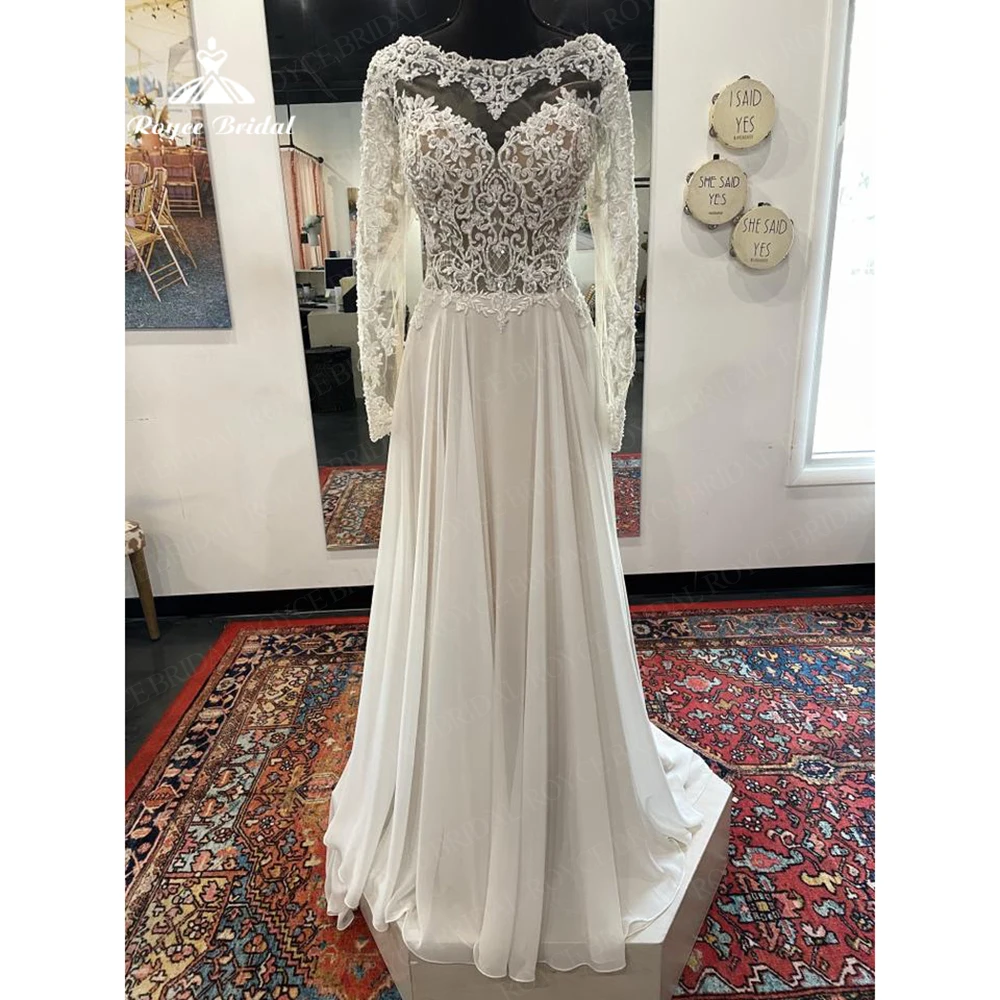 

Classic Applique Lace Illusion Sleeves Wedding Dresses Modify the clavicl A-LINE Bridal Gowns Chiffon robe soirée mariage