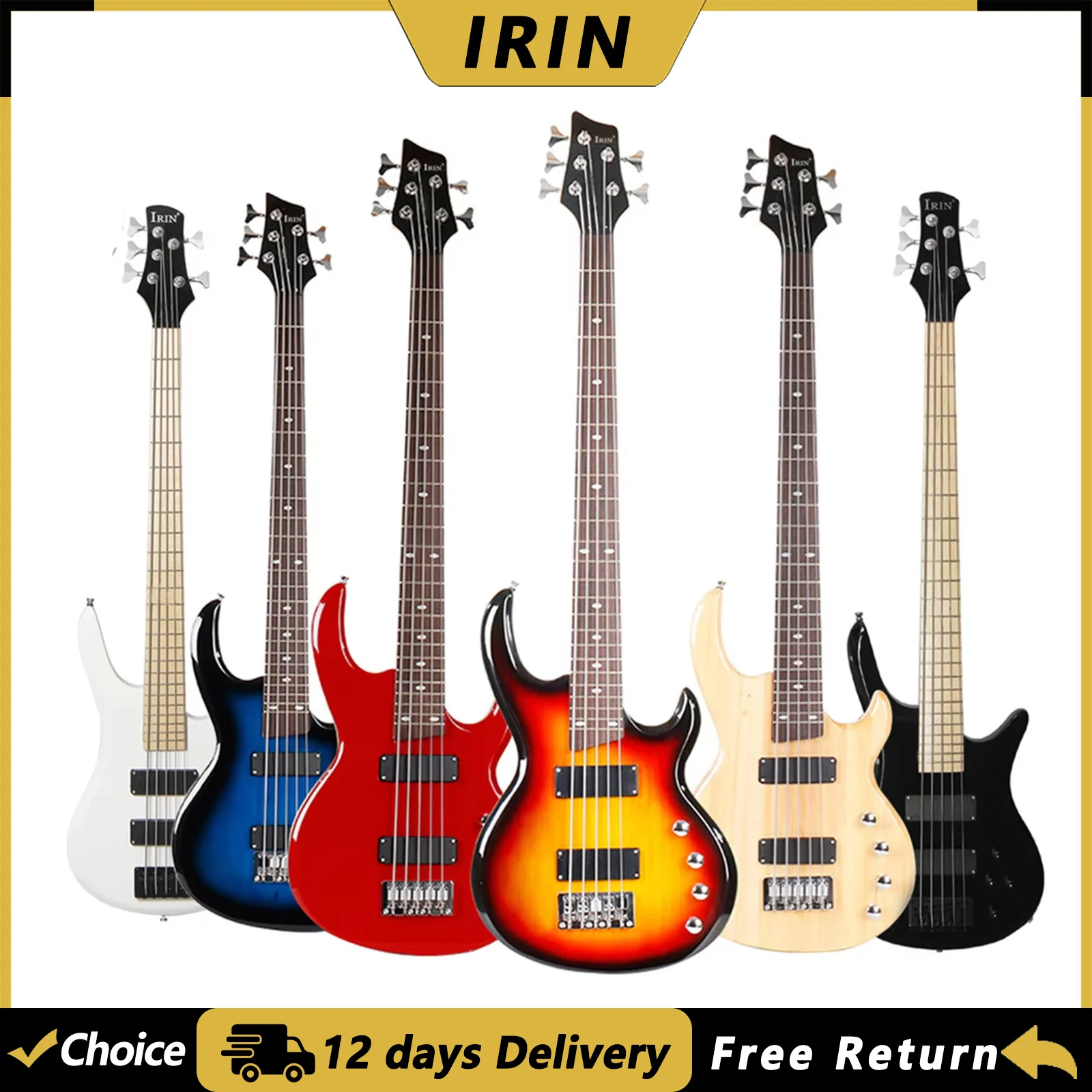 IRIN 5-Saiten E-Bass 24 Bünde Ahorn-Korpus und -Hals Saiteninstrument Bassgitarre mit Audiokabel