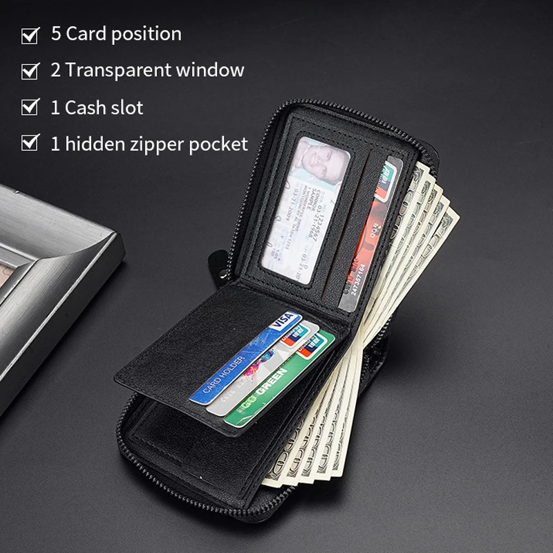 Men’s PU Leather Zipper Wallet with Card Slots, Tri-fold Coin Purse Transparent Window, and Cash Pocket – Stylish and Compact