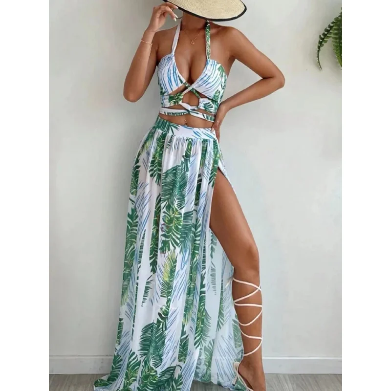 

2024 halter cross bikini hollow out swimsuit & beach dress 3 piece sexy swimwear women bathing suit padded swimsuit summer swimm