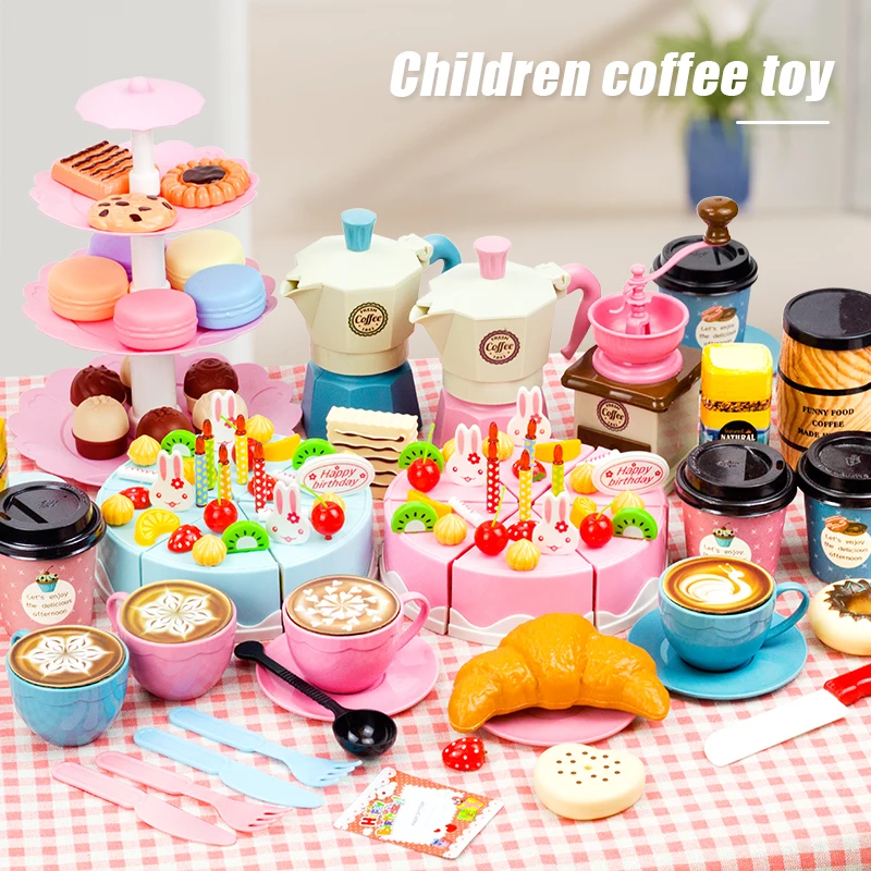 Pretend Play Toy Set for Children, Tea Set, Utensílios, Corte, Comida, Modelo de Bolo, Simulação, Cozinha, Café, Casa, Presentes de aniversário para