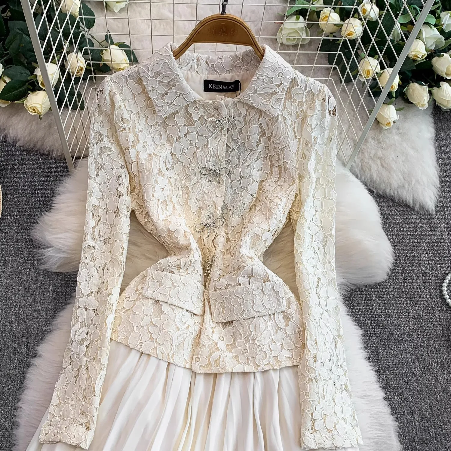 Runway Flower Embroidery Evening Prom Red Lace Patchwork Dress Autumn Women's Lapel Long Sleeve Beaded Bow Holiday Maxi Vestidos