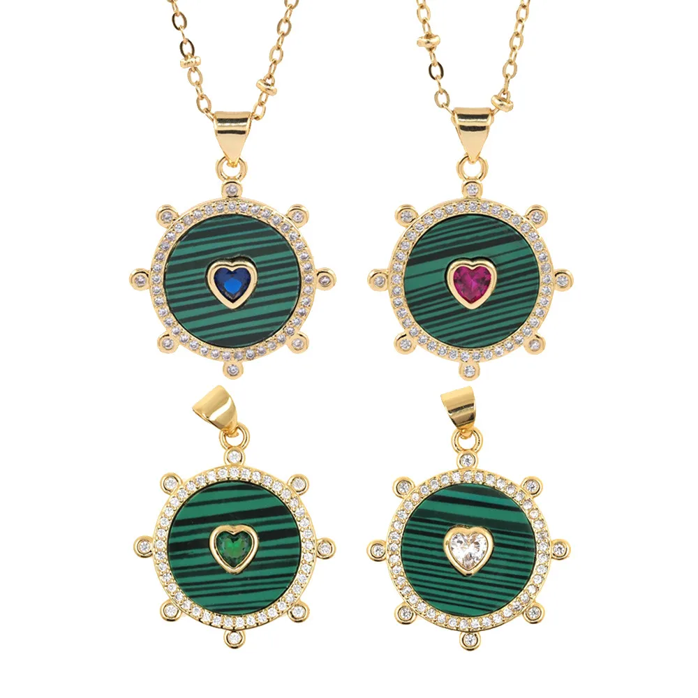 New Natural Chalchite Stone Sun Round Pendant Necklace Colorful Heart CZ Gold Plated Link Chain Chokers For Women Couple Jewelry