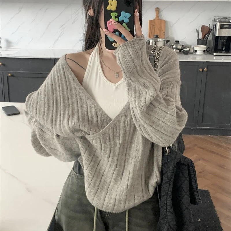 Pullovers Women Gentle V-neck Korean Irregular Buttons  Design Baggy Ulzzang Vibe Leisure Chic Sweet Autumn Knitting OOTD