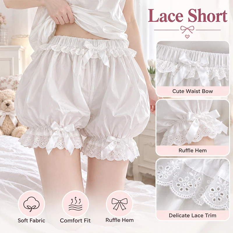 Women White Lace Ruffle Bloomer Shorts Bow Decor Elastic Waist Loose Safety Shorts Cute Sweet Girls Under Skirt Bottoms