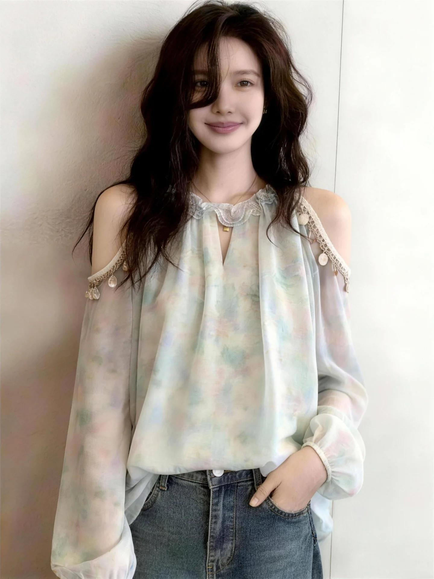 Tie-Dye Long Sleeve Chiffon Shirt Women Thin Summer 2026 plus Size Flattering Design Shoulder Bared Elegant Style Casual Wear
