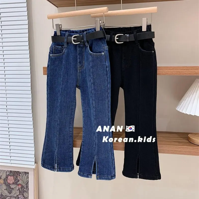 Spring Autumn Girls Casual Denim Flared Boot Cut Pants High Elasticity Children's Jeans Trousers Baby Girl Blue Jeans