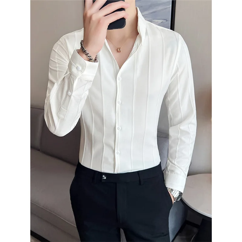 Italian Naples Men's Long-sleeved Shirt Light Luxury Fashion High-end Striped Casual Shirt White Black V-neck Men's Shirt