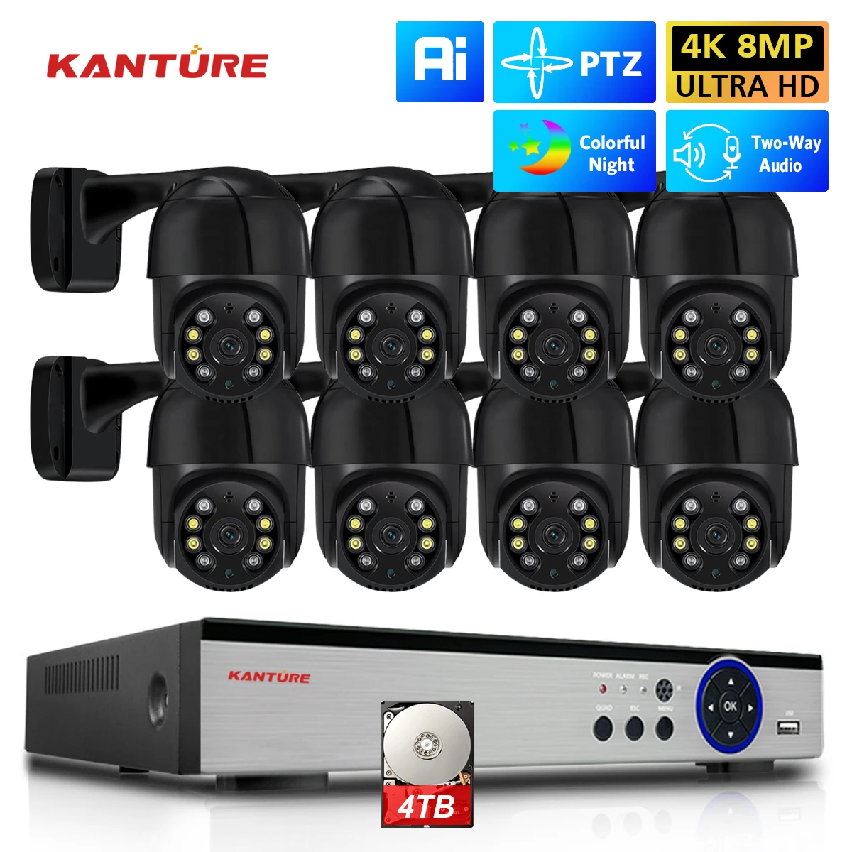 

H.265 8CH 4K PTZ Security POE IP Camera System 5MP Human Detection Auto Track Two Way Audio Video Surveillance Camera Kit XMEYE