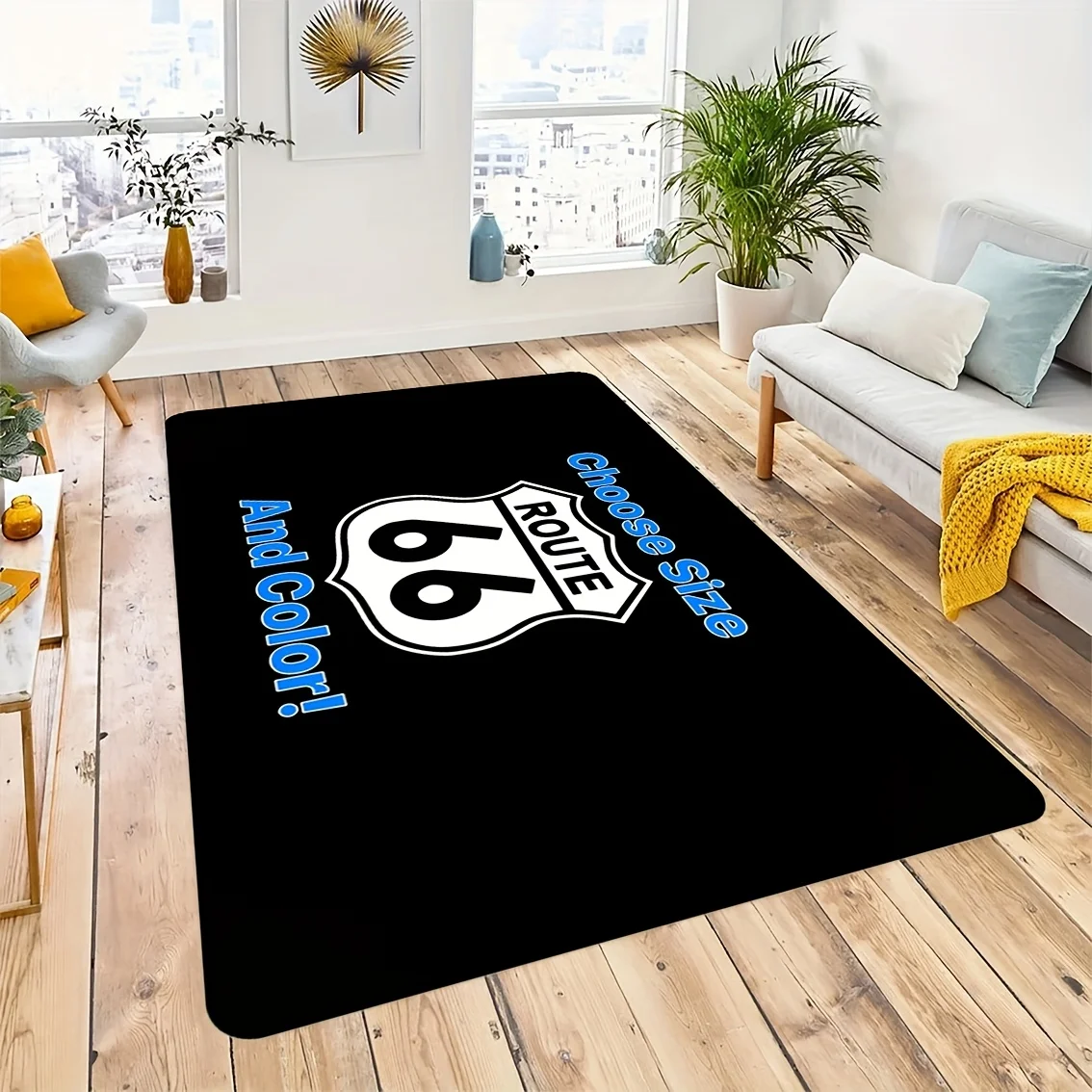 1pc Route 66 Floor Mat - Vintage Route 66 Highway Sign Design in Black & Blue, Soft Polyester Mat for Living Room, Kitchen, Bedr
